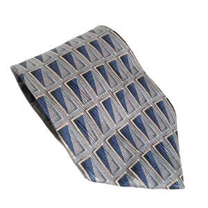 Bill Blass Gray/Navy Blue Rectangle Geometric Pattern 100% Silk Mens Tie Work